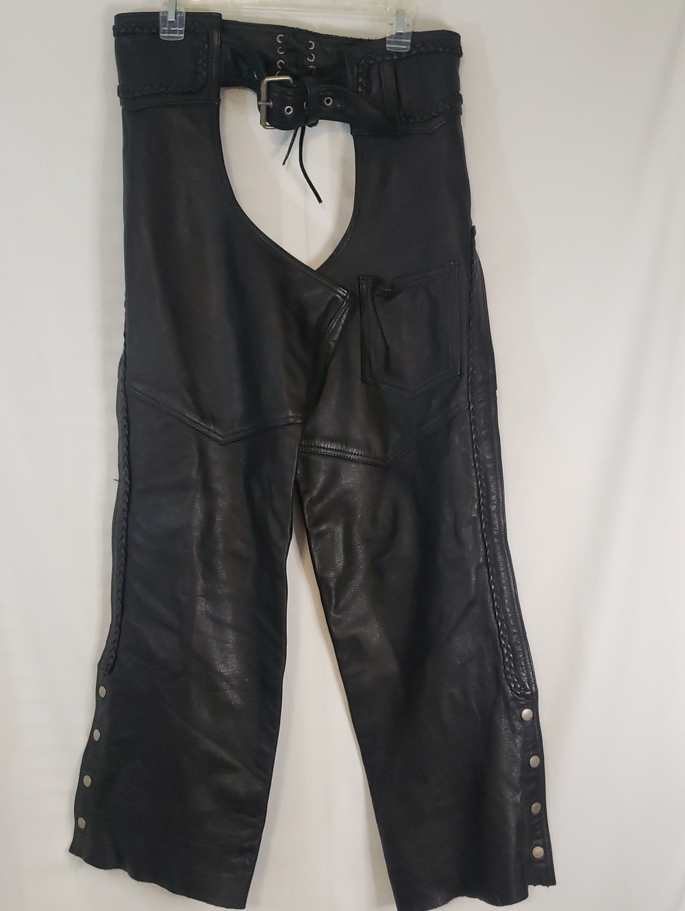 Hudson Leather Black Leather Boot-Cut Chaps with Buckle Waist, Medium
